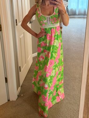 Vintage The Lilly Pulitzer maxi lace floral dress 60’s 70’s size 6 pink green